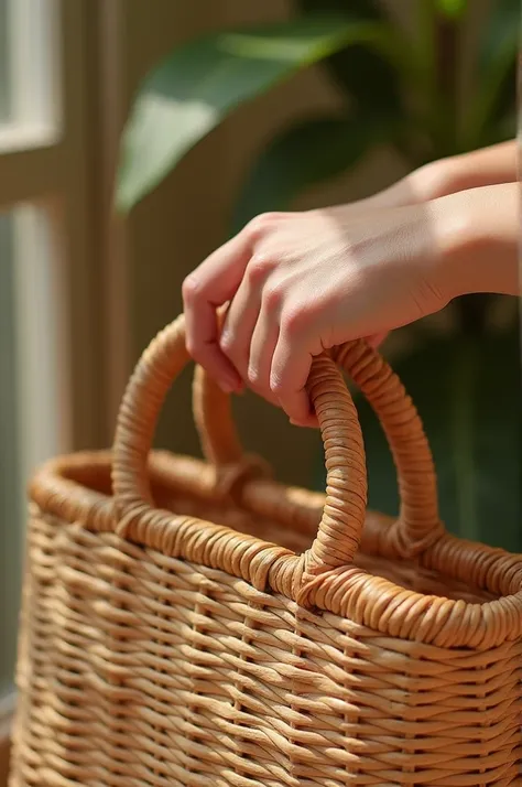 Hand holding rattan tote bag