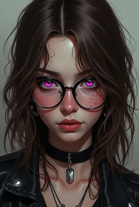 A young woman with brown hair and pinkish purple eyes, with small glasses. His eyes are small and sharp. punk style 