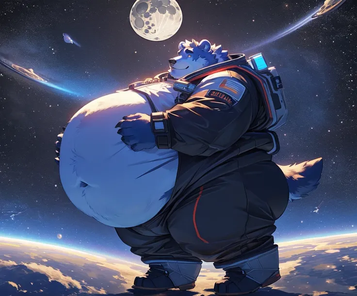 Very Extremely Morbidly-Obese Blue Grizzly Bear with Very Extremely massive Overhang hyper Belly, very extremely overweight, massive belly, chubby face, chubby legs, chubby butt, space suit, moon background, floating, scar on the face, wears space boots, r...