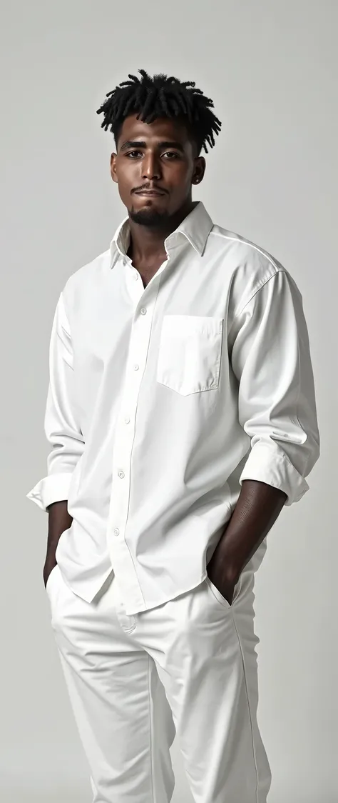 1boy,solo,dark skin,male focus,white pants,dark-skinned male,pants,facial hair,shirt,white shirt,black hair,simple background,looking at viewer,hands in pockets,standing,realistic,long sleeves,