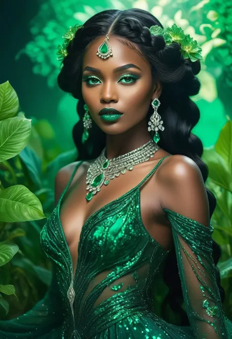 (best quality, 4k, 8k, high resolution, masterpiece: 1.2), ultra-detailed, realistic: 1.37, a stunning black beauty, with a body made of emeralds, shining diamonds on her skin, two long silver braids, exotic facial features, large emerald emerald shaped ey...