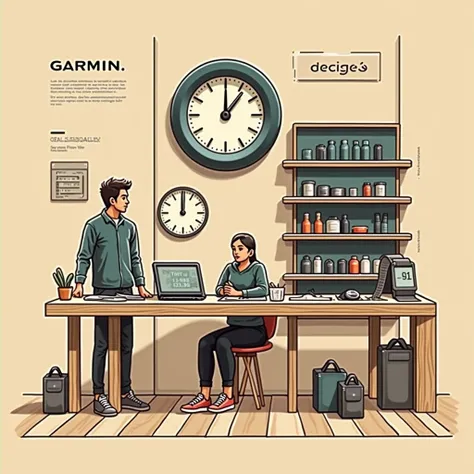 "Draw a picture of a watch store in a minimalist style, simple, emphasizing the warm interior decoration. There are shelves with many Garmin watch models stacked neatly. On the back wall, Garmin watches are prominently displayed. There are simple graphics ...