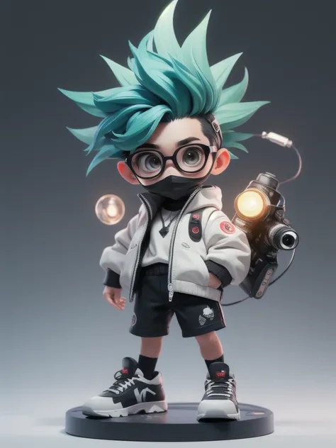 ((One personin,Looking for))_in_audience,green_eye,Simple_background,shirt,black_((Soft Mohawk)),One person,black、Glasses、Standing,whitejacket,full_body,male_concentrate,Multicolor_Short Hair,shoes,,black_Shorts,ring,spike_white_jacket,male_child,gas_mask,...