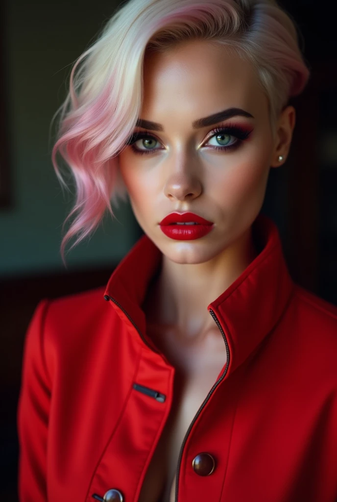 A woman with short platinum blonde hair with dark pink highlights, Red jacket, with a provocative and sexy face