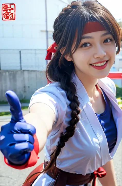 Yuri Sakazaki、Long braided hair、(Red headband and red gloves)、Big Breasts、smile、beautiful girl