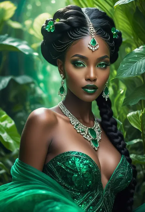 (best quality, 4k, 8k, high resolution, masterpiece: 1.2), ultra-detailed, realistic: 1.37, a stunning black beauty, with a body made of emeralds, shining diamonds on her skin, two long silver braids, exotic facial features, large emerald emerald shaped ey...