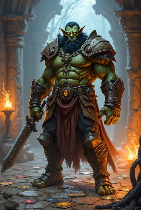 "A powerful orc featured in a fantasy RPG card game. The orc stands in an imposing posture, with defined muscles, holding a glowing card in one hand and a magical sword in the other. He wears heavy armor with leather and metal details., prepared for battle...