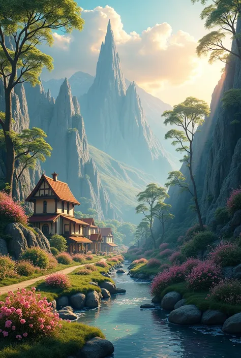 Wallpaper phone digital art, cinematic compose, clear lighting, foreground, a peaceful tiny village under glovers, many flora of fantasy world, ray of sunlight, small river with flower petals flowing