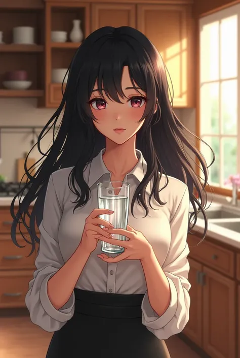  black hair holding a glass of water in the kitchen 