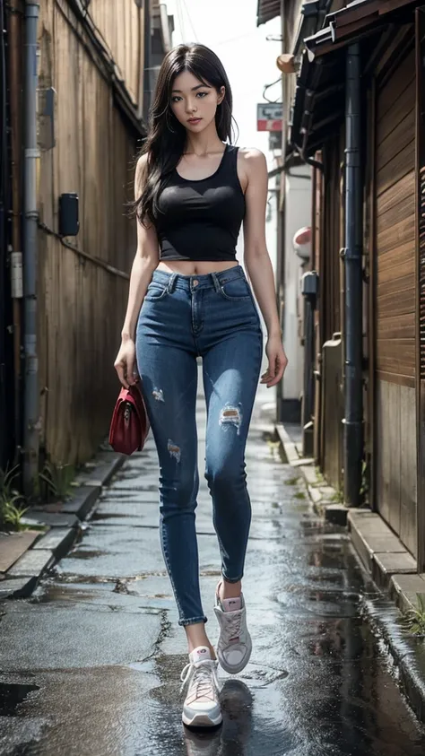 ８ｋ,Realistic skin texture、Superrealism、Realistic photos、Japanese women、、Stand up to your full height. 、Red Tank top, Blue skinny jeans、sneakers、Shinjuku back alley、Innovative Configuration、Full body photo、、A melancholic look、rain 、Black Hair、Kiss face、Larg...