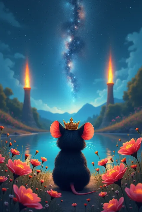 A plump and cute black queen mouse wearing a crown looking at a large lake.
Next to it, two huge flames of the queen are blooming. In the wide field, beautiful flowers are blooming brightly and the Milky Way is floating in the sky.
