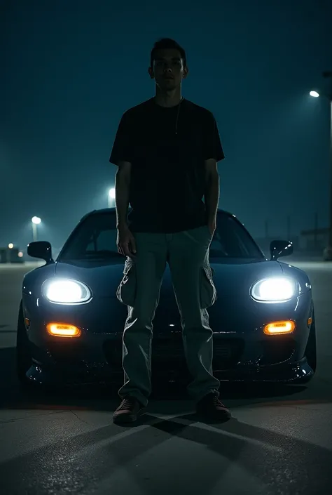 A pilot, nocturnal, wearing ordinary clothes, dark, in front of your Mazda RX-7, again 1997, with tuning highlighted, 8k photo, cinematic.