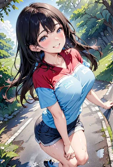 running、thin、cute、One Woman、smile、(お腹が見えるノースリーブのrunningウェア、Shorts)、Large Breasts、Small Butt、Long Black Hair、High resolution, Anatomically correct, Best Quality, Ultra high definition, Textured skin, Country Road、Sweaty、Flushed Cheeks、High resolution eyes、