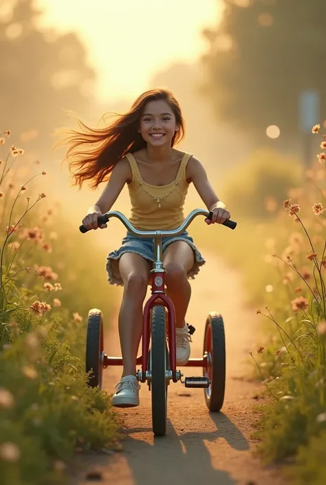 a teenager girl riding a tricycle in morning