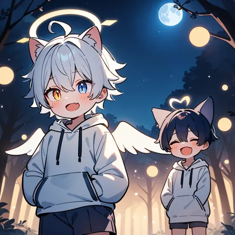 （masterpiece：1.2，high quality），8k，High resolution，A seven-year-old boy，cute boy，white hair，short hair， Heterochromia，slit pupils，heart ahoge，cat ears，halo on the head，（halo），laughing，skin fang，There are white angel wings behind，Wearing a white hoodie，Dark ...