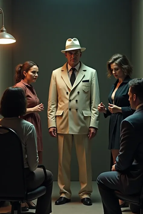 Detective in cream clothes and hat standing talking with 4 suspects, Two men and two women, The two women desperate because someone died
