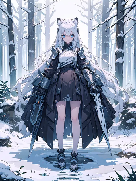 (((masterpiece, best quality, high detailed, 16k))) (1girl) A sleek and graceful woman with long, flowing snow-white hair and piercing blue eyes that resemble the gaze of a predator. Her expression is calm and calculating, always observing her surroundings...