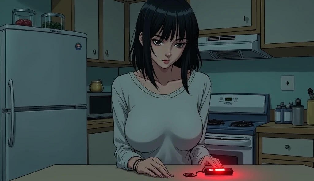 a woman with straight black hair with large breasts and a sad casual outfit standing in a modest kitchen during the day, and a cell phone vibrating on the table vibrating and ringing with a red light. drawing format