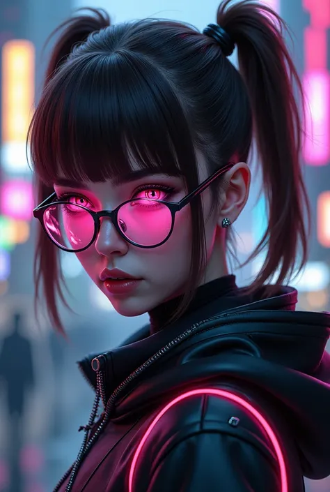 A young woman with brown hair, tied in two ponytails, your bangs are short, your eyes are pinkish purple, with small glasses. His eyes are small and sharp like a snake&#39;s. cyberpunk style