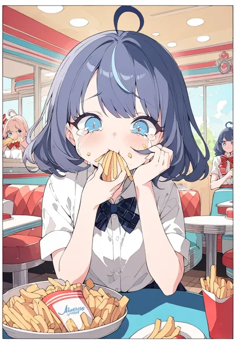 (((beautiful detailed)))(cute face:1.2)1girl, A girl stuffing her face with french fries, Girl crying while eating a pile of french fries, Inside a 1950s-style diner, 1950s-style interior, Navy blue hair, blue eyes, A short-sleeved white shirt with four ve...