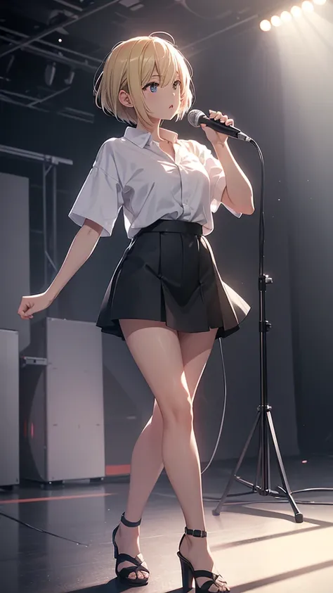 A full-body, front-facing shot of an 1 Japanese girl with short blonde bobbed hair, standing confidently on stage. She’s singing energetically into a microphone, wearing a white cropped shirt and a black mini skirt, barefoot in black high heels. The backgr...