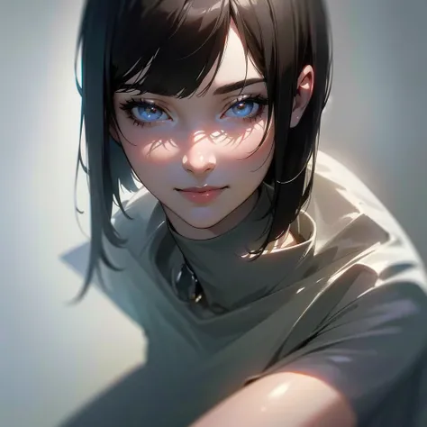 a detailed young woman with dark hair, straight bob haircut, bangs, smiling, dramatic lighting, (best quality,4k,8k,highres,masterpiece:1.2),ultra-detailed,(realistic,photorealistic,photo-realistic:1.37),anime style,looking away from camera,professional,mo...