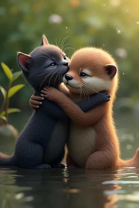 A black kitten and an otter hugging and in love 