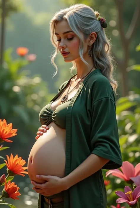 Lin Beifon character from Avatar: The Legend of Korra, gray-haired woman in her fifth month of pregnancy with a small belly protruding,  in a lush tropical monastery-style garden, wearing a dark green open shirt without patterns, with a close-up capturing ...