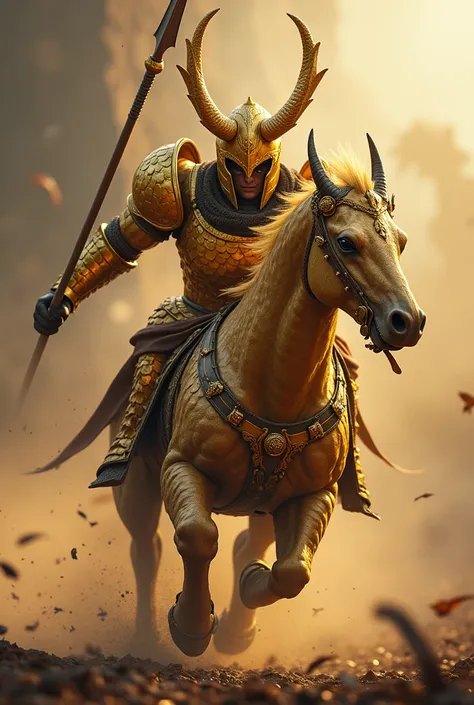 A knight in full golden dragon scale western armor, holding a large spear with a sword tip, with a closed helmet with golden horns, roaring forward making everything shake