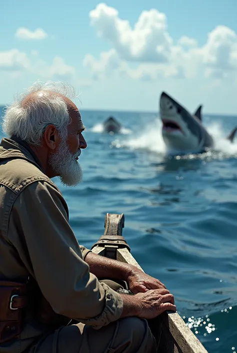 An old man from his boat watching sharks take a fish in the distance