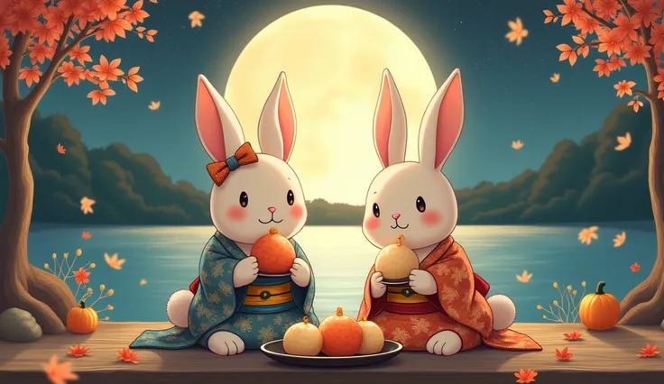 Beautiful full moon in October、Moon viewing、Cute rabbits in kimono、awn、Moon viewing団子を美味しそうに食べながら微笑むウサギ、Moonlight spreading over the lake、High resolution, masterpiece, Best Quality, Ukiyo-e, Digital Art, 