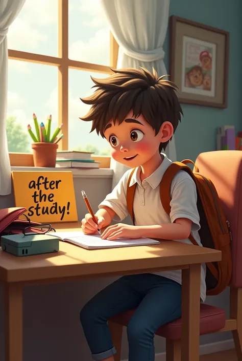 "A young boy sitting at a well-lit desk with a focused expression, surrounded by books and notebooks. The boy has a school bag next to him, open, showing notebooks and pencils inside. In the background, on the side of the desk, There is a video game consol...