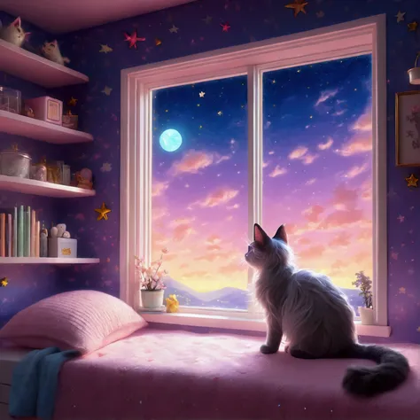 1 female, solo, upper body, (kawaii style:1.2), (cat-eared girl:1.3), long wavy silver hair, large blue eyes, pink sweater, (starry night sky:1.5), bedroom workspace, computer setup, (pastel color palette:1.4), soft lighting, cozy atmosphere, fluffy plushi...