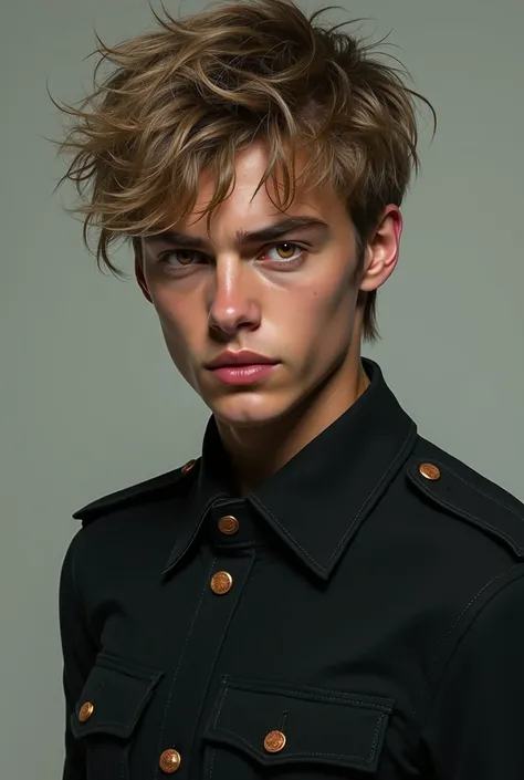 Young man, Caucasian, with messy dark blonde hair, round face, almond-shaped copper-colored eyes, slim but toned, dressed in tight black military clothing

