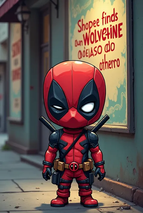 Create an image of a cute but not so cute Deadpool and a text written on the front of Shopee finds Wolverine um dolaso do outro