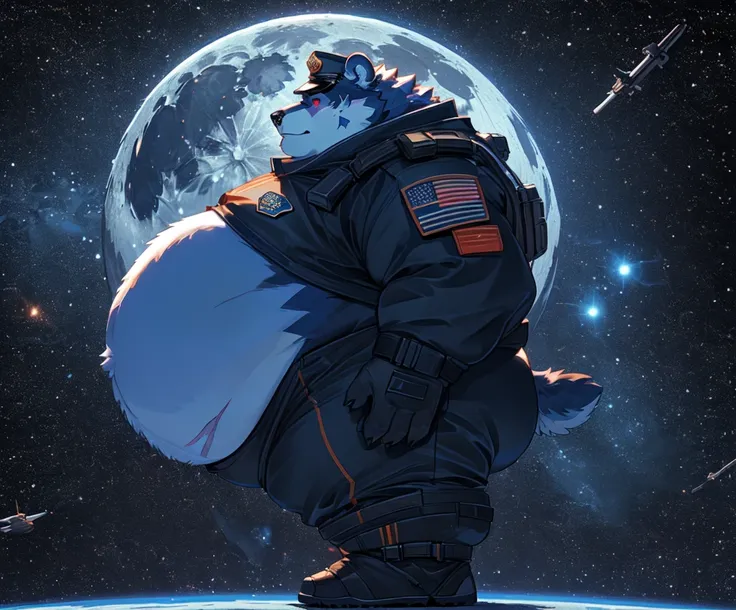 Very Extremely Morbidly-Obese Blue Grizzly Bear with Very Extremely massive Overhang hyper Belly, very extremely overweight, massive belly, chubby face, chubby legs, chubby butt, full space suit, moon background, scar on the face, wears space boots, red ey...