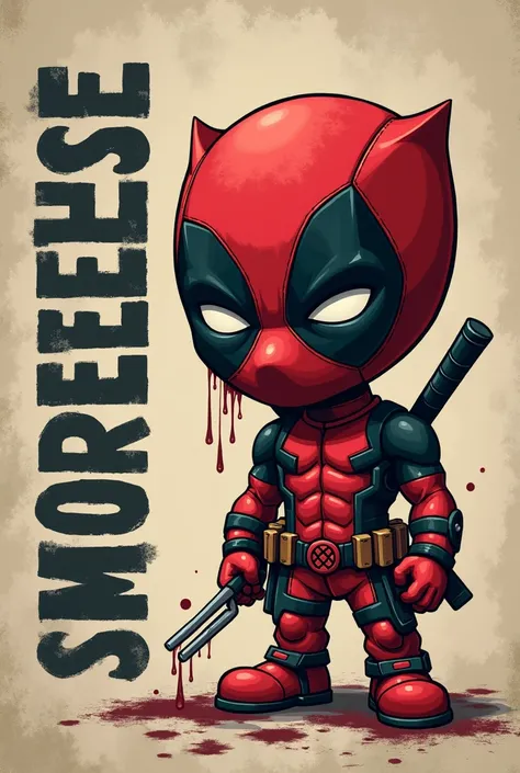 Create an image of a cute but not so cute Deadpool and a text written on the front of Shopee finds Wolverine um do lado do outro