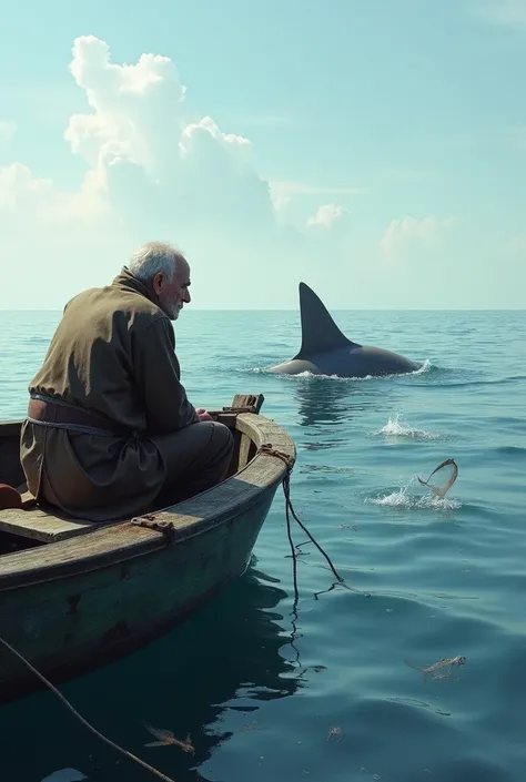 An old man in his boat watching a shark with a fish in its mouth