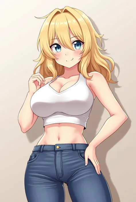 Anime girl,Bra ripped,uniform Crop top,Boobs,tits,curves,short jeans,blonde hair,topless
