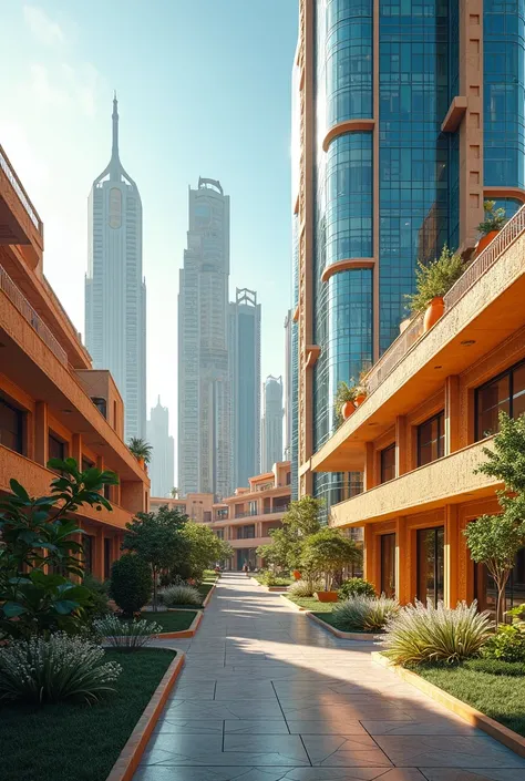 the modern city Kingdom, where traditional Indian architectural motifs blend with modern design to create a vibrant, sustainable community. including parks and community gardens, supported by smart infrastructure like electric transportation and renewable ...