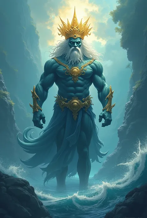 AQU GOD is a powerful and mysterious water god, who is the king of the sea. His body is large and muscular, and his skin is A Man in color, reflecting the combination of water and sky. He has a beautiful golden crown on his head, which s