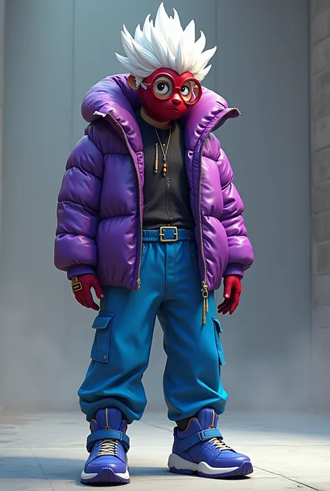 Want an image of a game character that has white hair with red a mask with glasses purple jacket blue pants and blue sneakers 