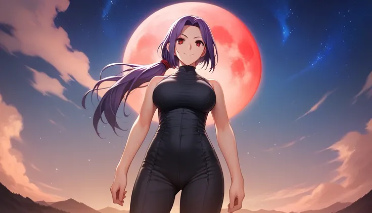 Score_9, Score_8_up, Score_7_up, One Girl,smile, Hirokazu Koyama ,Cowboy Shot,Sweaty,sexy,Pixel Perfect,Large Breasts,Anatomically correct, masterpieceHighly detailed,Outdoor,8k, (background,Big Red Moon,Starry Sky,Simple),(Fits your body,Black rider suit,...