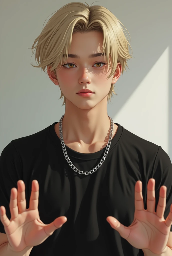 Create a realistic image of a boy, handsome and slim, with light blonde hair,   very short and combed to one side. The man has a serious but attractive expression, with honey-colored eyes that capture the light. He wears a thick silver chain hanging from h...