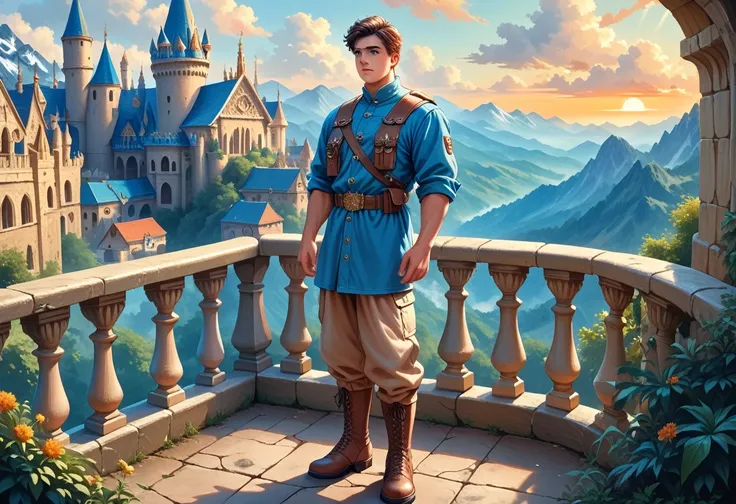 (masterpiece, Highest quality), (1boy, solo, (hes a standing powerful)), (boy is (wearing a royal soldier blue tunic, beige pants, boots):1.2, brunette, muscular, (detailed eyes and face)), (castle balcony, mountains, sunrise)