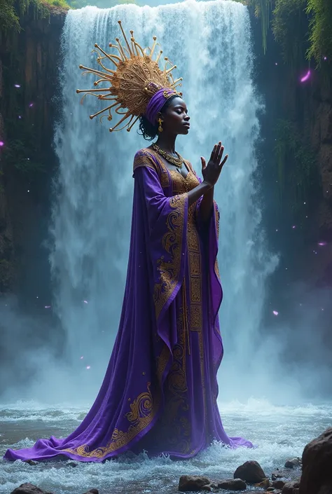 Orixá Nanã Buruquê with clothes decorated in gold and violet details praying in the middle of a waterfall under the colorful light of the universe