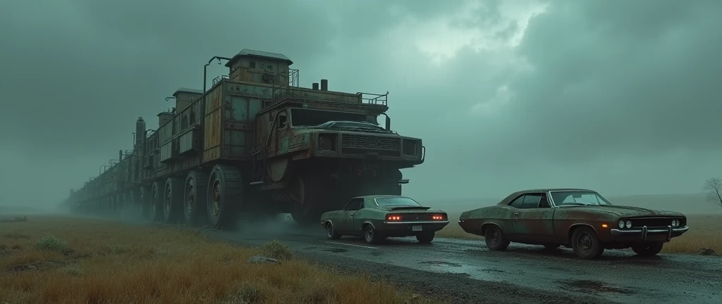 Heavily damaged cars, junkyard, grinder, rainy skies, plain grass background