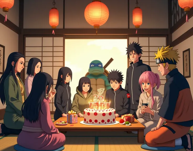 A realistic scene of Naruto and his friends celebrating the 25th anniversary in a traditional Japanese room. The setting features tatami floors, sliding shoji doors, and wooden elements typical of Japanese homes. Naruto is joined by Sasuke Uchiha, Sakura H...