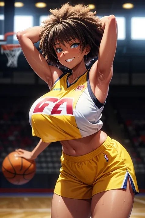 1 female, afro hair, black afro hair black girl afro hair, darker skin, brown skin, huge breast, thick legs, light blue eyes, wearing yellow nba jersey, yellow croptop nba jersey, wearing a low cut croptop, wearing croptop, croptop, golden raito, (winking)...