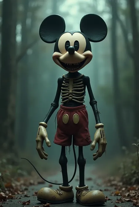 I want a classic Mickey Mouse design based on the Creepypastas of horror, having an emaciated appearance, long, thin limbs, with empty eyes that cause a feeling of disturbance 